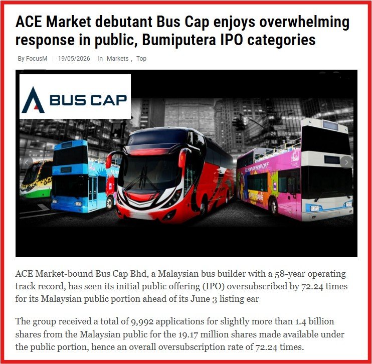 [Focus Malaysia] Bus Cap Makes ACE Market Debut with Over 50% Mid-Day Premium-BUS CAP BERHAD Bus Manufacturing Holding Company Malaysia